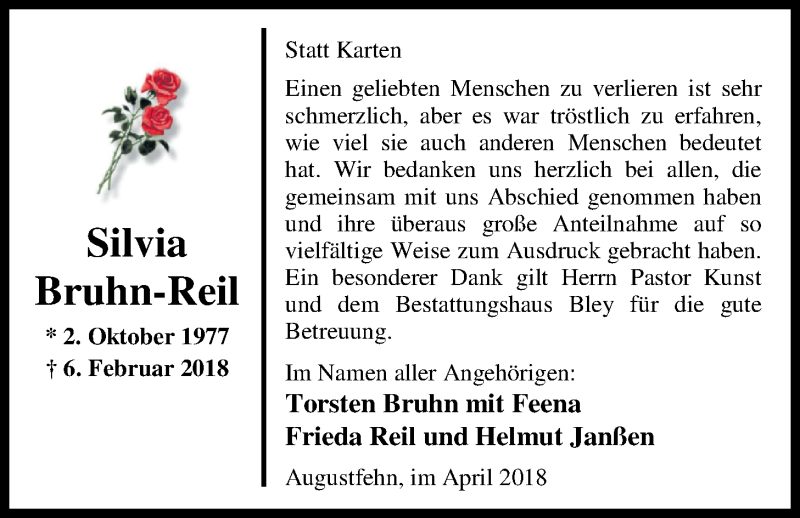  Traueranzeige für Silvia Bruhn-Reil vom 09.04.2018 aus Nordwest-Zeitung