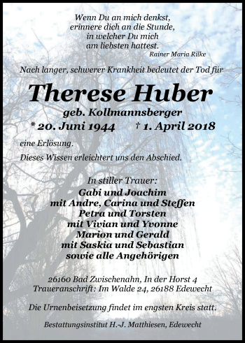 Traueranzeige von Theresa Huber von Nordwest-Zeitung