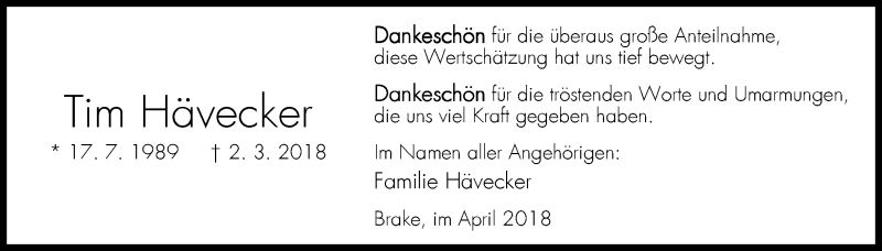  Traueranzeige für Tim Hävecker vom 16.04.2018 aus Nordwest-Zeitung