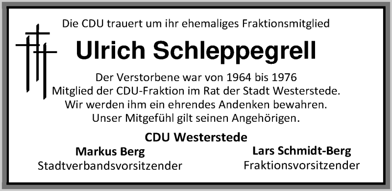  Traueranzeige für Ulrich Schleppegrell vom 25.04.2018 aus Nordwest-Zeitung
