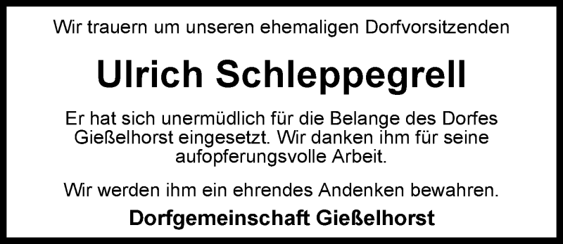  Traueranzeige für Ulrich Schleppegrell vom 25.04.2018 aus Nordwest-Zeitung