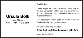 Traueranzeige von Ursula Bolk von Nordwest-Zeitung