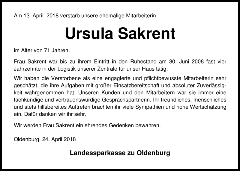  Traueranzeige für Ursula Sakrent vom 24.04.2018 aus Nordwest-Zeitung