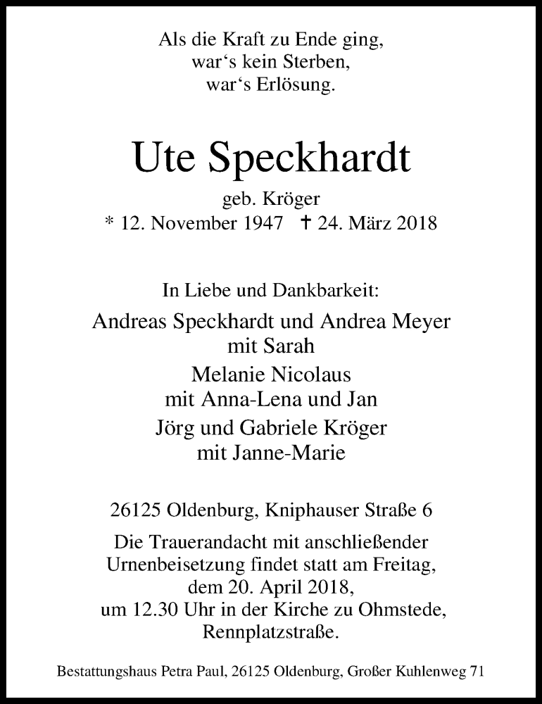  Traueranzeige für Ute Speckhardt vom 14.04.2018 aus Nordwest-Zeitung