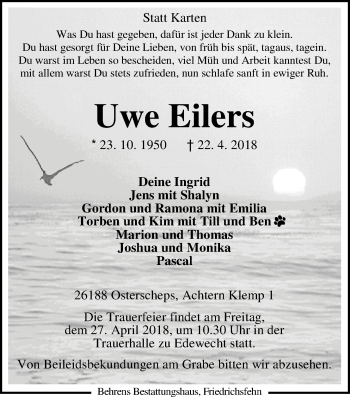 Traueranzeige von Uwe Eilers von Nordwest-Zeitung