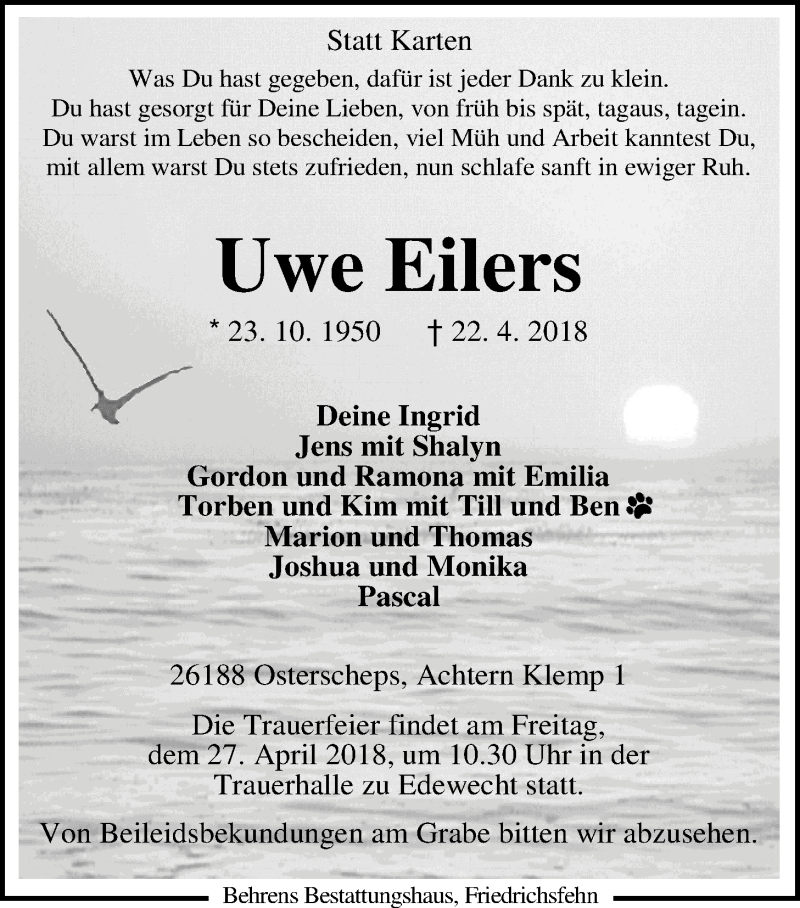  Traueranzeige für Uwe Eilers vom 24.04.2018 aus Nordwest-Zeitung
