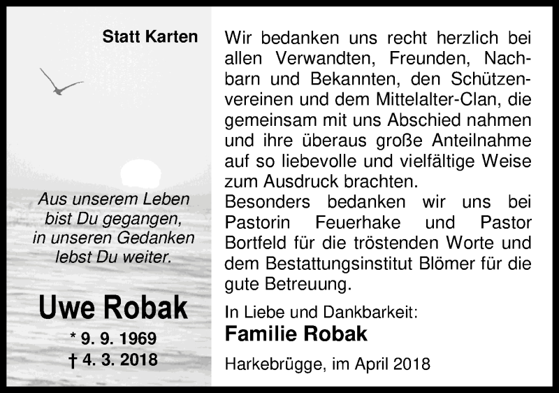  Traueranzeige für Uwe Robak vom 14.04.2018 aus Nordwest-Zeitung