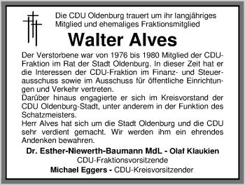 Traueranzeige von Walter Alves von Nordwest-Zeitung