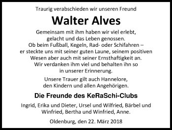 Traueranzeige von Walter Alves von Nordwest-Zeitung
