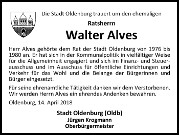 Traueranzeige von Walter Alves von Nordwest-Zeitung