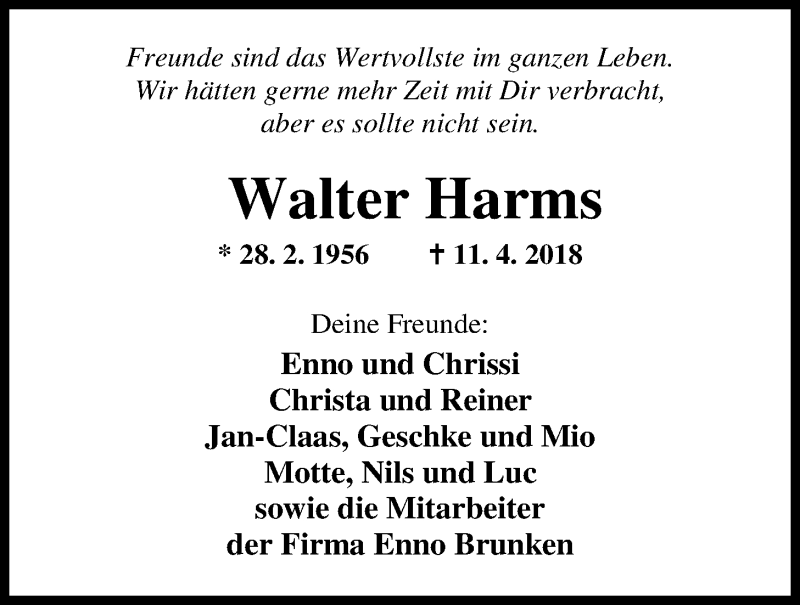  Traueranzeige für Walter Harms vom 13.04.2018 aus Nordwest-Zeitung