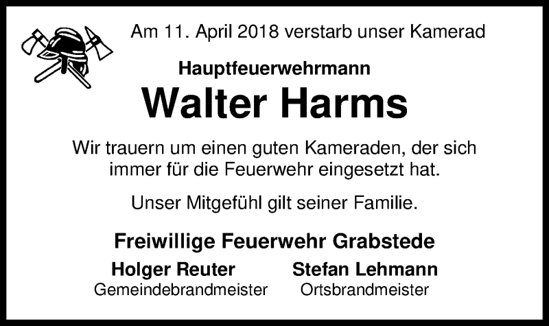  Traueranzeige für Walter Harms vom 14.04.2018 aus Nordwest-Zeitung