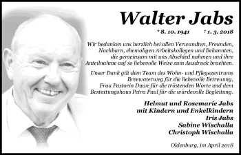 Traueranzeige von Walter Jabs von Nordwest-Zeitung