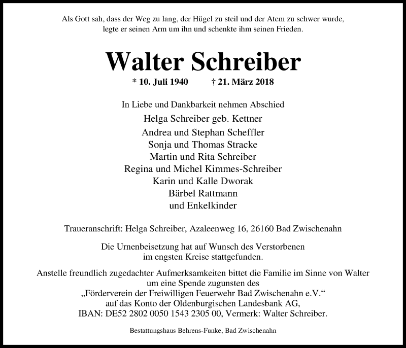  Traueranzeige für Walter Schreiber vom 07.04.2018 aus Nordwest-Zeitung