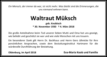 Traueranzeige von Waltraut Müksch von Nordwest-Zeitung