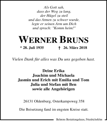 Traueranzeige von Werner Bruns von Nordwest-Zeitung