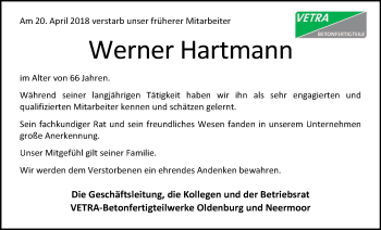 Traueranzeige von Werner Hartmann von Nordwest-Zeitung