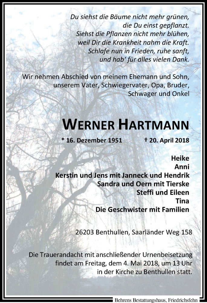  Traueranzeige für Werner Hartmann vom 28.04.2018 aus Nordwest-Zeitung