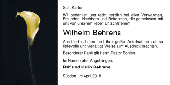 Traueranzeige von Wilhelm Behrens von Nordwest-Zeitung