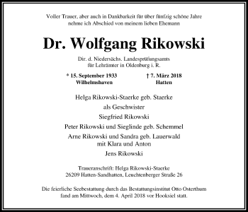 Traueranzeige von Wolfgang Rikowski von Nordwest-Zeitung