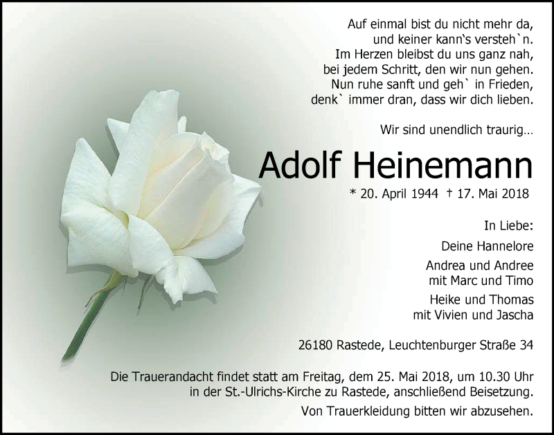  Traueranzeige für Adolf Heinemann vom 22.05.2018 aus Nordwest-Zeitung