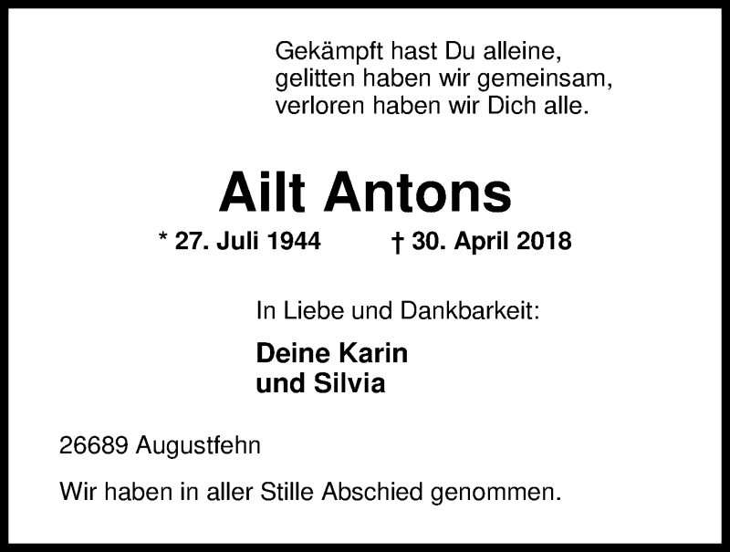  Traueranzeige für Ailt Antons vom 05.05.2018 aus Nordwest-Zeitung