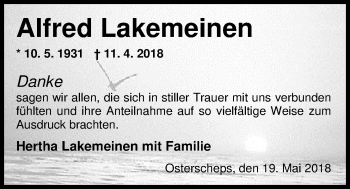 Traueranzeige von Alfred Lakemeinen von Nordwest-Zeitung
