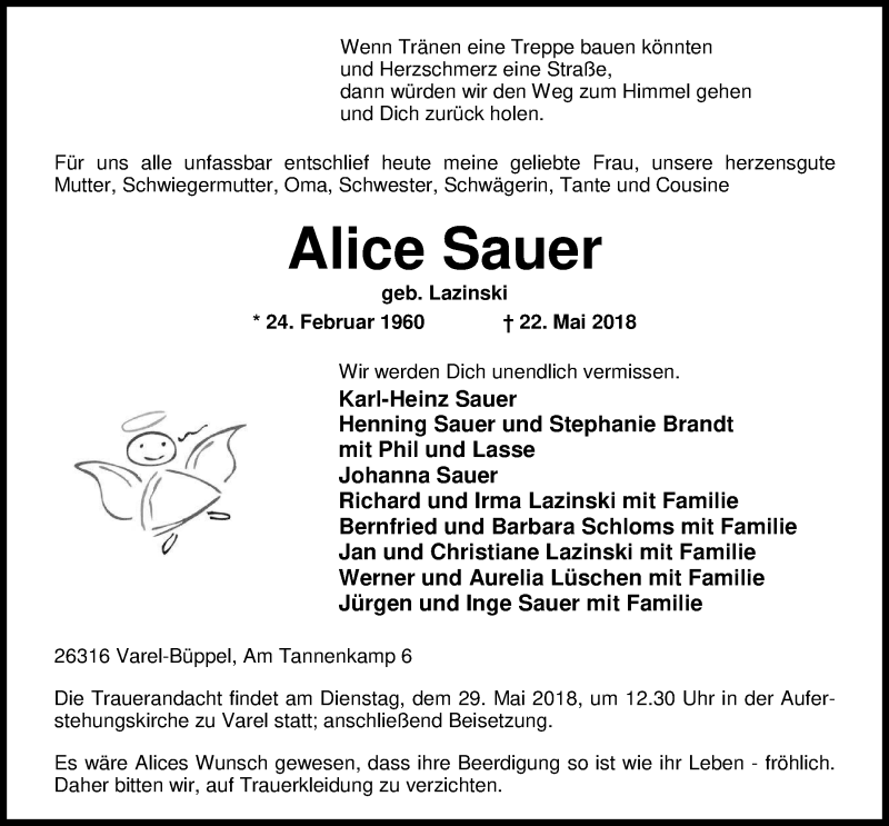  Traueranzeige für Alice Sauer vom 25.05.2018 aus Nordwest-Zeitung