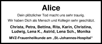 Traueranzeige von Alice Sauer von Nordwest-Zeitung
