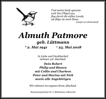 Traueranzeige von Almuth Patmore von Nordwest-Zeitung