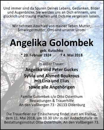 Traueranzeige von Angelika Golombek von Nordwest-Zeitung