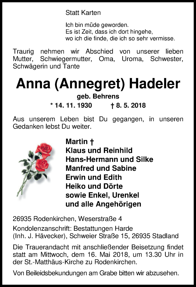  Traueranzeige für Anna (Annegret) Hadeler vom 11.05.2018 aus Nordwest-Zeitung