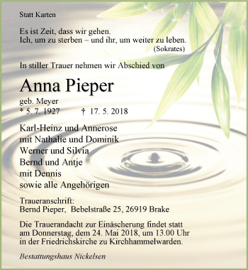 Traueranzeige von Anna Pieper von Nordwest-Zeitung