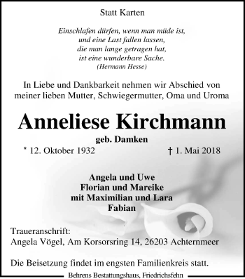 Traueranzeige von Anneliese Kirchmann von Nordwest-Zeitung