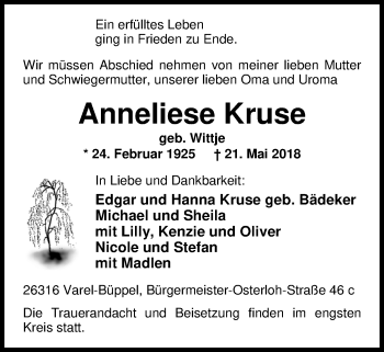 Traueranzeige von Anneliese Kruse von Nordwest-Zeitung