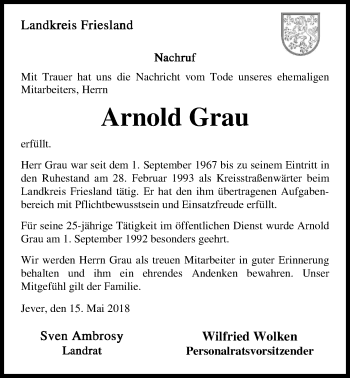 Traueranzeige von Arnold Grau von Nordwest-Zeitung