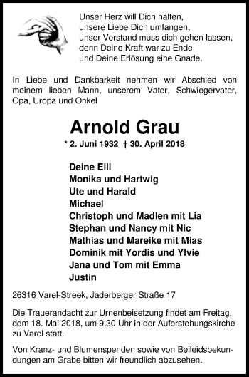 Traueranzeige von Arnold Grau von Nordwest-Zeitung