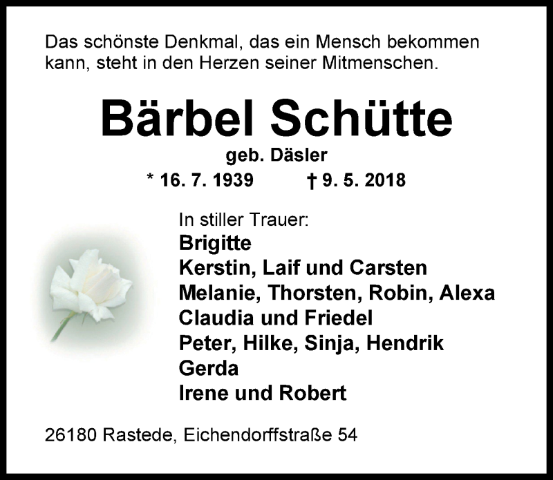  Traueranzeige für Bärbel Schütte vom 15.05.2018 aus Nordwest-Zeitung