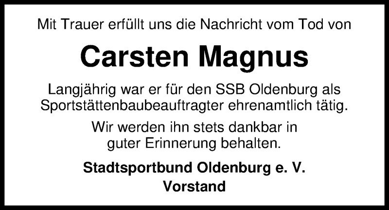  Traueranzeige für Carsten Magnus vom 30.05.2018 aus Nordwest-Zeitung