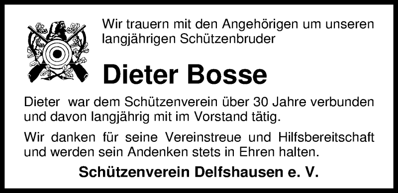  Traueranzeige für Dieter Bosse vom 16.05.2018 aus Nordwest-Zeitung