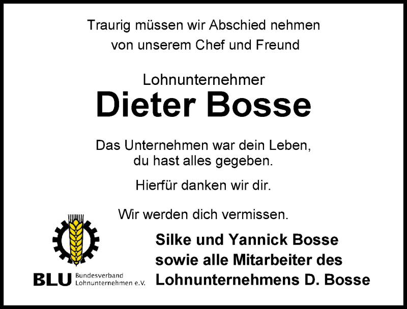  Traueranzeige für Dieter Bosse vom 16.05.2018 aus Nordwest-Zeitung