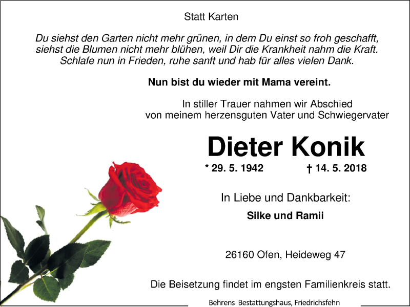  Traueranzeige für Dieter Konik vom 19.05.2018 aus Nordwest-Zeitung