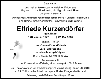 Traueranzeige von Elfriede Kurzendörfer von Nordwest-Zeitung