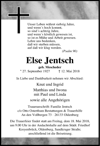 Traueranzeige von Else Jentsch von Nordwest-Zeitung