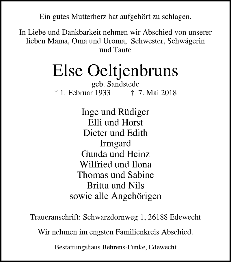  Traueranzeige für Else Oeltjenbruns vom 11.05.2018 aus Nordwest-Zeitung