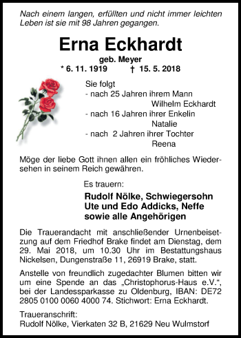 Traueranzeige von Erna Eckhardt von Nordwest-Zeitung