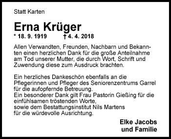 Traueranzeige von Erna Krüger von Nordwest-Zeitung