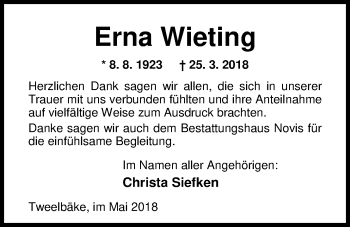 Traueranzeige von Erna Wieting von Nordwest-Zeitung