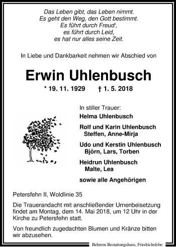 Traueranzeige von Erwin Uhlenbusch von Nordwest-Zeitung