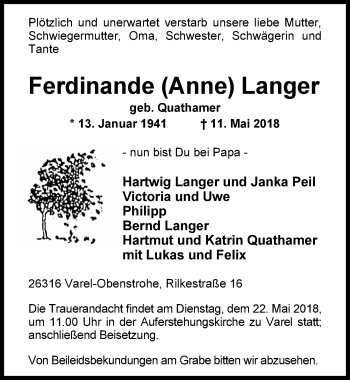 Traueranzeige von Ferdinande (Anne) Lange von Nordwest-Zeitung